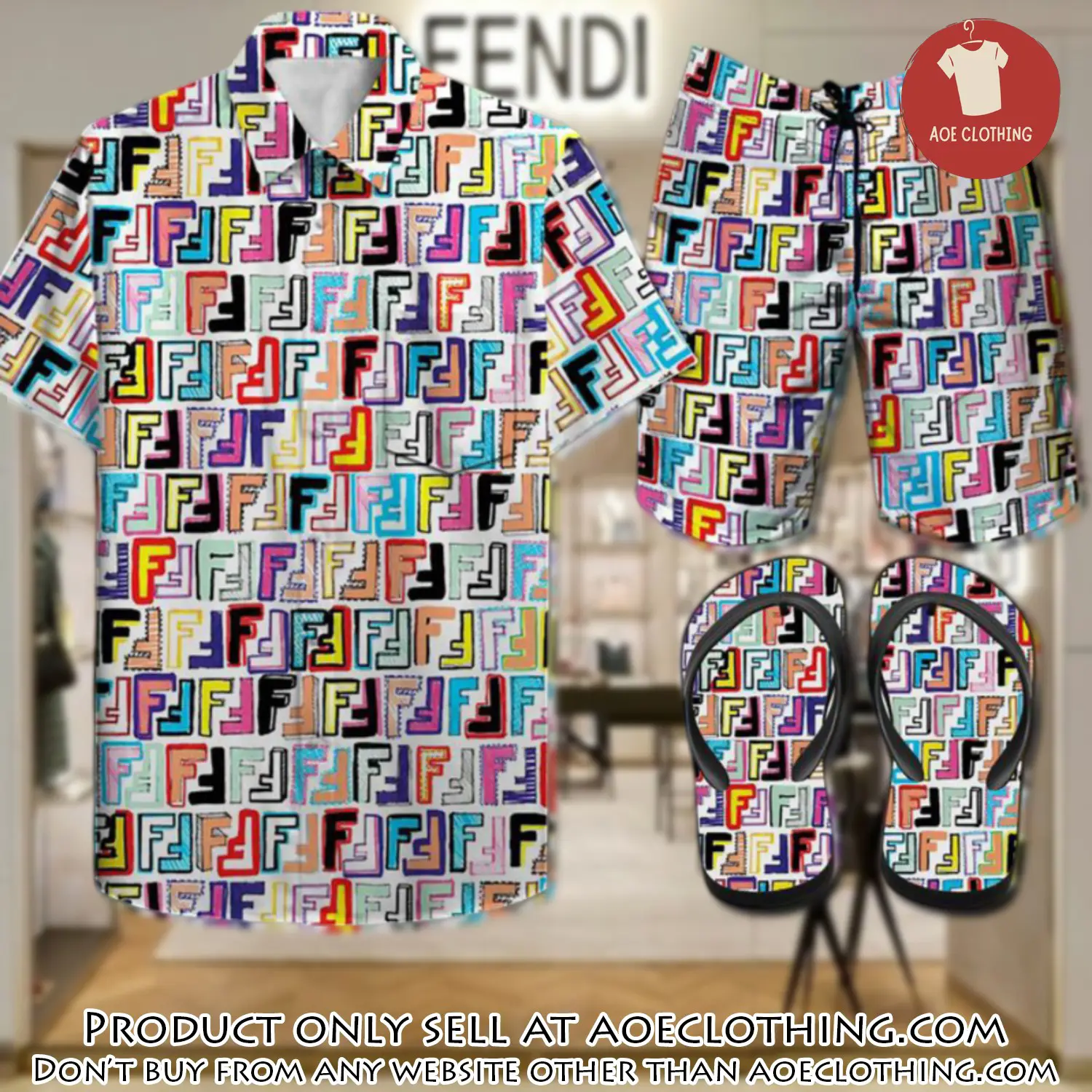 Fendi combo hawaii shirt shorts flip flops luxury brand summer outfit hsf028 aoe1924178